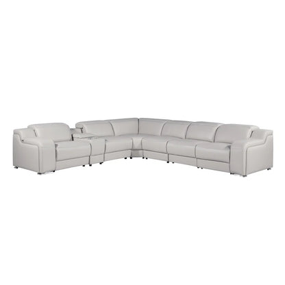 L-Shape Sectional Sofa: 7 - Piece Top Italian Grain Leather Power Reclining Sectional(Light Gray Genuine Leather)