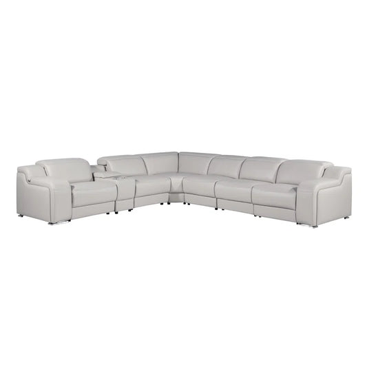 L-Shape Sectional Sofa: 7 - Piece Top Italian Grain Leather Power Reclining Sectional(Light Gray Genuine Leather)