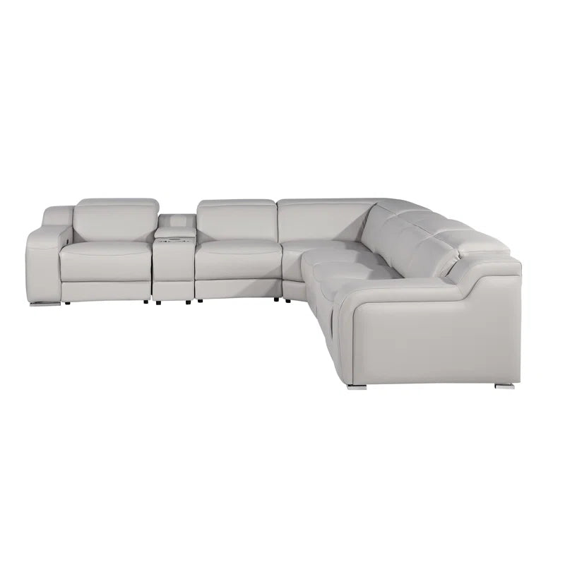 L-Shape Sectional Sofa: 7 - Piece Top Italian Grain Leather Power Reclining Sectional(Light Gray Genuine Leather)