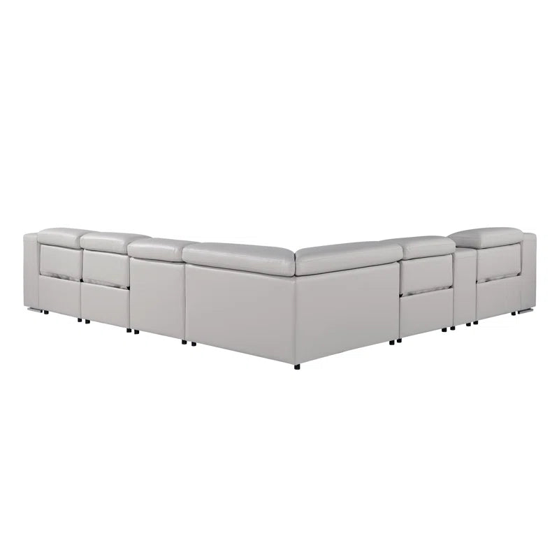 L-Shape Sectional Sofa: 7 - Piece Top Italian Grain Leather Power Reclining Sectional(Light Gray Genuine Leather)