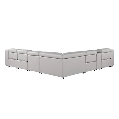 L-Shape Sectional Sofa: 7 - Piece Top Italian Grain Leather Power Reclining Sectional(Light Gray Genuine Leather)