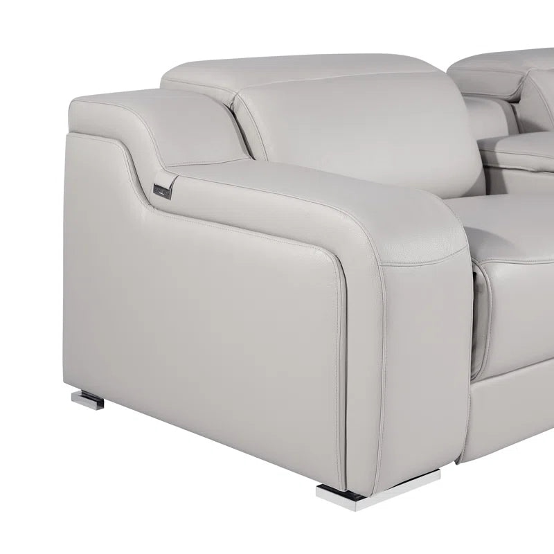 L-Shape Sectional Sofa: 7 - Piece Top Italian Grain Leather Power Reclining Sectional(Light Gray Genuine Leather)