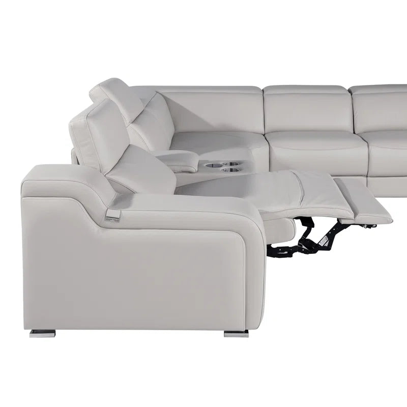 L-Shape Sectional Sofa: 7 - Piece Top Italian Grain Leather Power Reclining Sectional(Light Gray Genuine Leather)