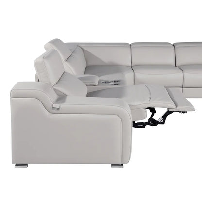 L-Shape Sectional Sofa: 7 - Piece Top Italian Grain Leather Power Reclining Sectional(Light Gray Genuine Leather)