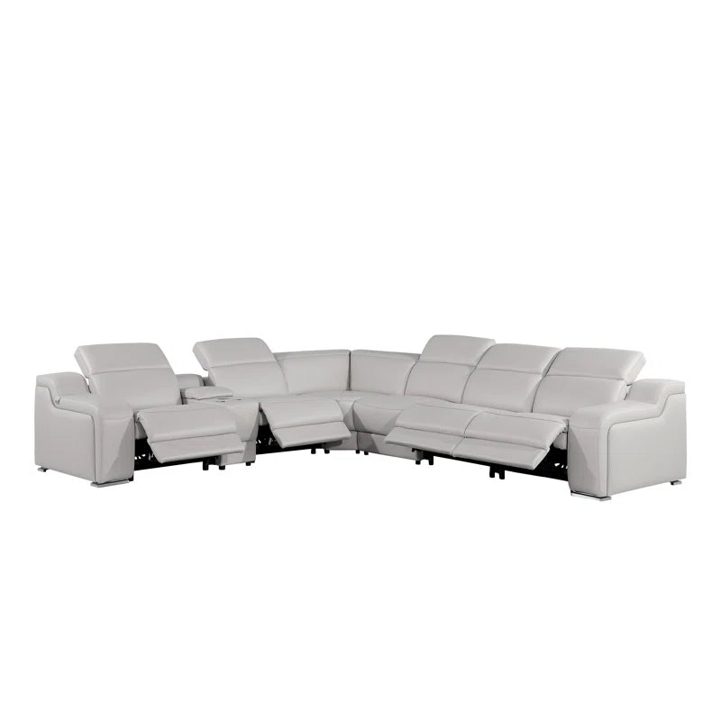 L-Shape Sectional Sofa: 7 - Piece Top Italian Grain Leather Power Reclining Sectional(Light Gray Genuine Leather)