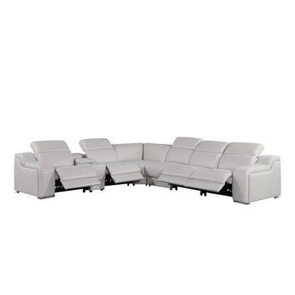 L-Shape Sectional Sofa: 7 - Piece Top Italian Grain Leather Power Reclining Sectional(Light Gray Genuine Leather)