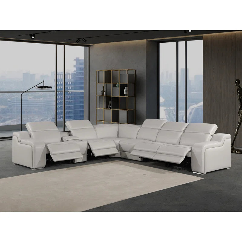 L-Shape Sectional Sofa: 7 - Piece Top Italian Grain Leather Power Reclining Sectional(Light Gray Genuine Leather)