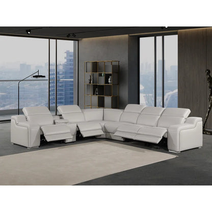L-Shape Sectional Sofa: 7 - Piece Top Italian Grain Leather Power Reclining Sectional(Light Gray Genuine Leather)