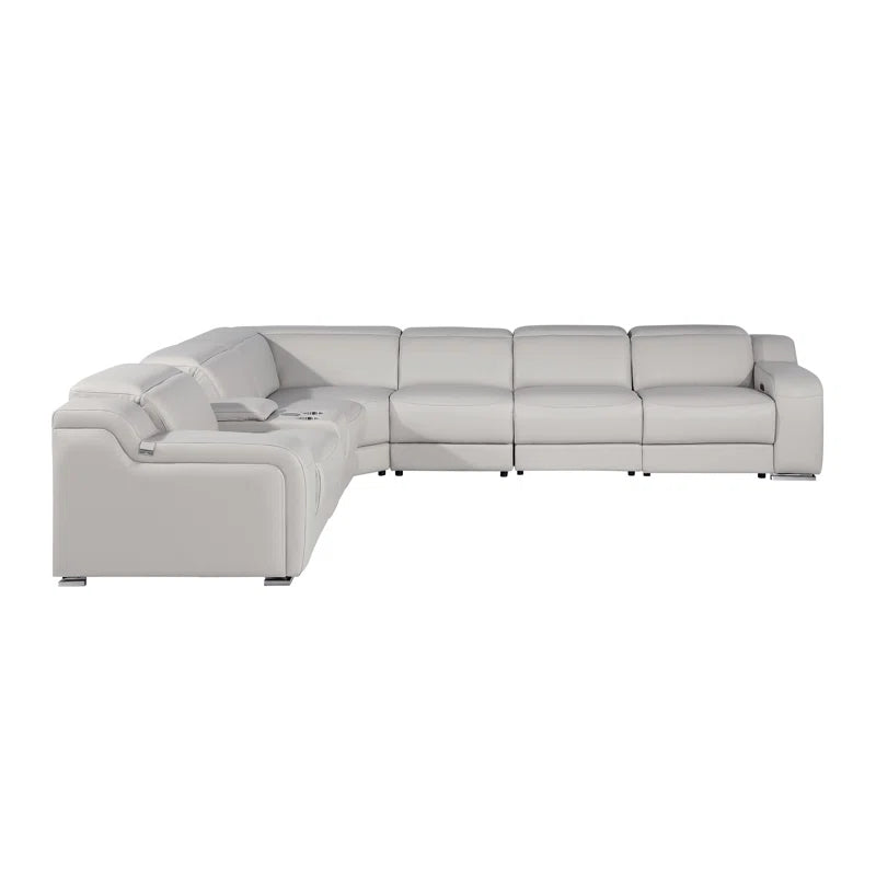 L-Shape Sectional Sofa: 7 - Piece Top Italian Grain Leather Power Reclining Sectional(Light Gray Genuine Leather)
