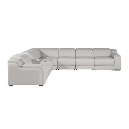 L-Shape Sectional Sofa: 7 - Piece Top Italian Grain Leather Power Reclining Sectional(Light Gray Genuine Leather)