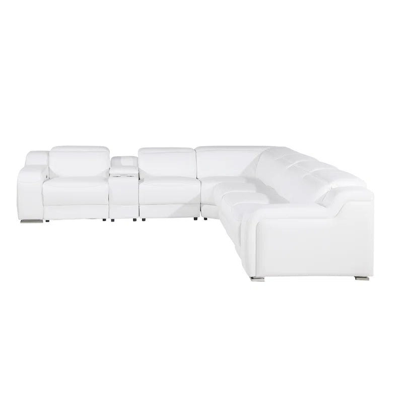L-Shape Sectional Sofa: 7 - Piece Top Italian Grain Leather Power Reclining Sectional(White Genuine Leather)