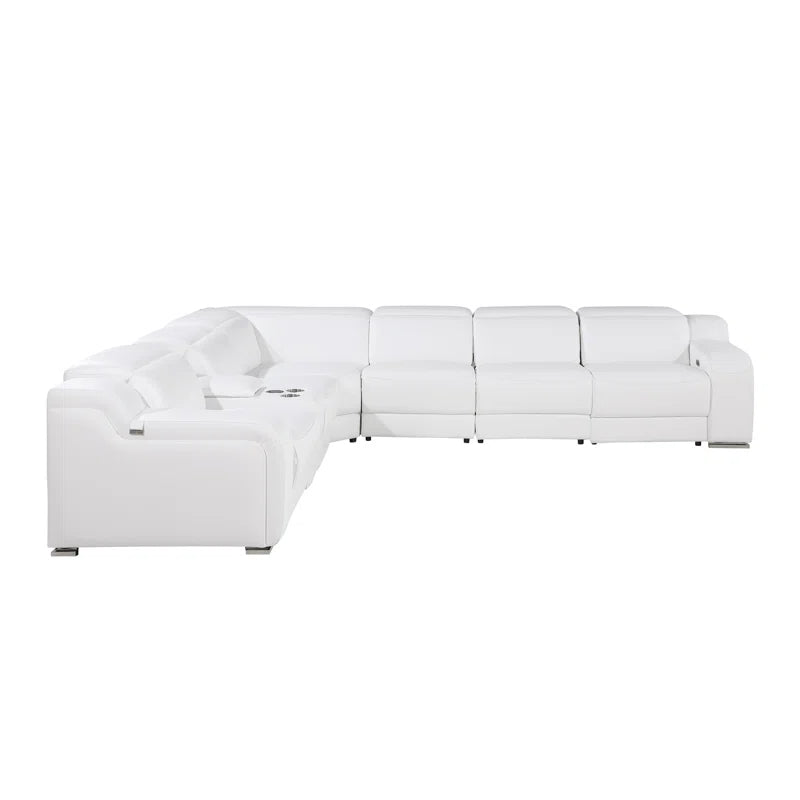 L-Shape Sectional Sofa: 7 - Piece Top Italian Grain Leather Power Reclining Sectional(White Genuine Leather)