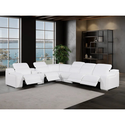 L-Shape Sectional Sofa: 7 - Piece Top Italian Grain Leather Power Reclining Sectional(White Genuine Leather)