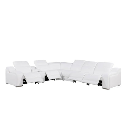 L-Shape Sectional Sofa: 7 - Piece Top Italian Grain Leather Power Reclining Sectional(White Genuine Leather)