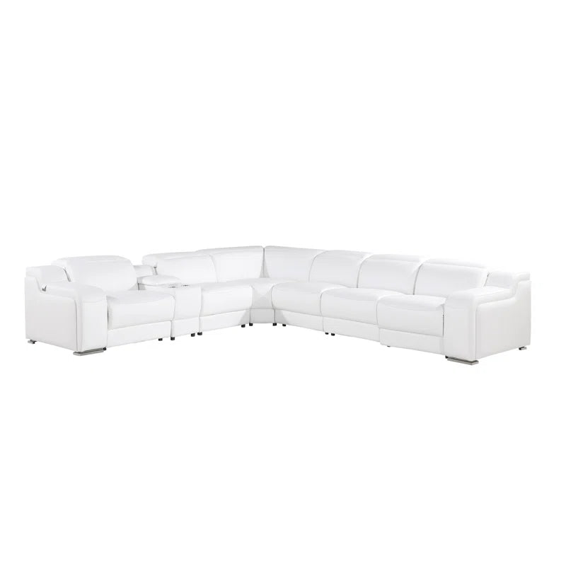 L-Shape Sectional Sofa: 7 - Piece Top Italian Grain Leather Power Reclining Sectional(White Genuine Leather)