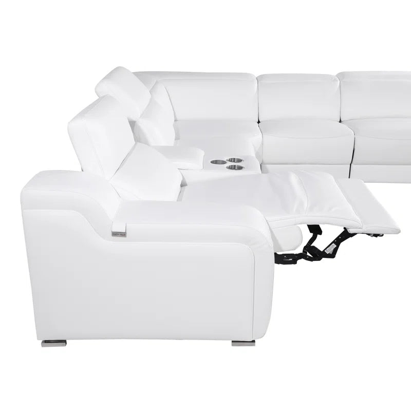 L-Shape Sectional Sofa: 7 - Piece Top Italian Grain Leather Power Reclining Sectional(White Genuine Leather)