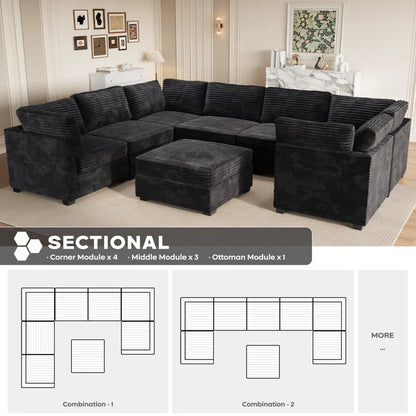 7 Seater Sofa: 7 Seat Corduroy Section Sofa Combination with Ottoman(Black Corduroy)