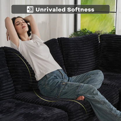 7 Seater Sofa: 7 Seat Corduroy Section Sofa Combination with Ottoman(Black Corduroy)