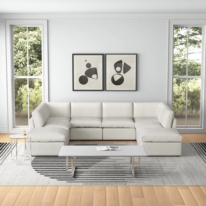 U-Shape Sectional Sofa: 8 - Piece Corduroy Sectional(Cream Corduroy)