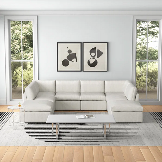 U-Shape Sectional Sofa: 8 - Piece Corduroy Sectional(Cream Corduroy)