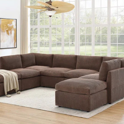 U-Shape Sectional Sofa: 8 - Piece Corduroy Sectional(Dark Brown Corduroy)