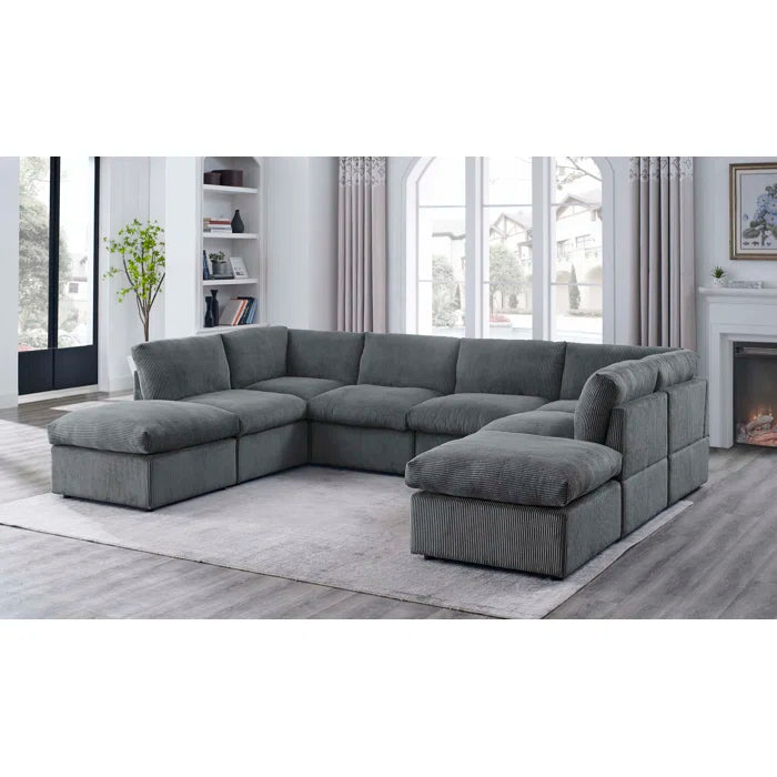 U-Shape Sectional Sofa: 8 - Piece Corduroy Sectional(Dark Gray Corduroy)