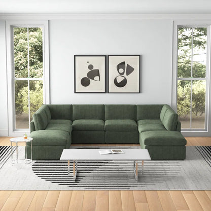 U-Shape Sectional Sofa: 8 - Piece Corduroy Sectional(Green Corduroy)