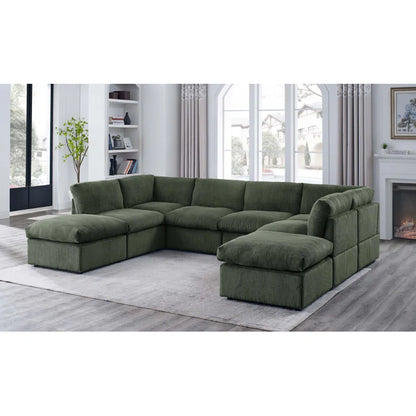 U-Shape Sectional Sofa: 8 - Piece Corduroy Sectional(Green Corduroy)