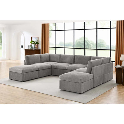 U-Shape Sectional Sofa: 8 - Piece Corduroy Sectional(Light Gray Corduroy)