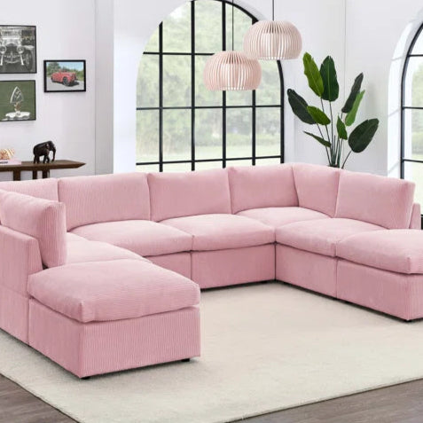 U-Shape Sectional Sofa: 8 - Piece Corduroy Sectional(Pink Corduroy)