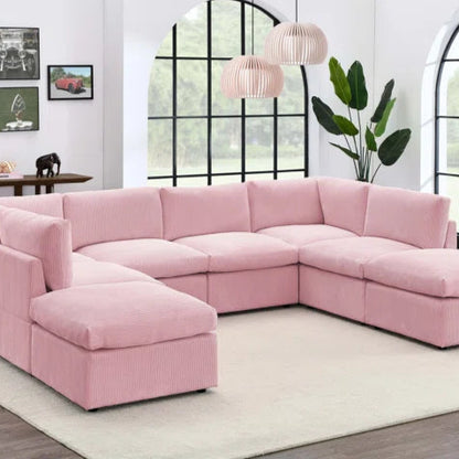 U-Shape Sectional Sofa: 8 - Piece Corduroy Sectional(Pink Corduroy)