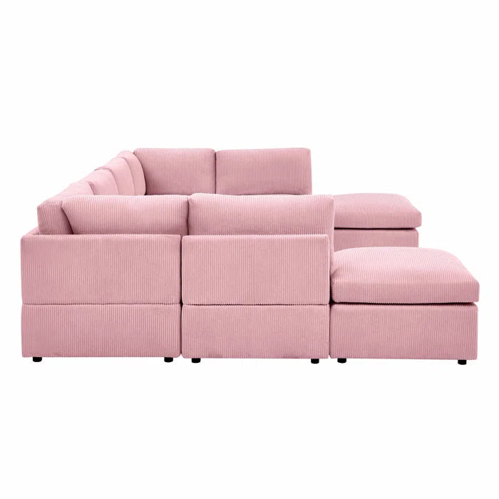 U-Shape Sectional Sofa: 8 - Piece Corduroy Sectional(Pink Corduroy)