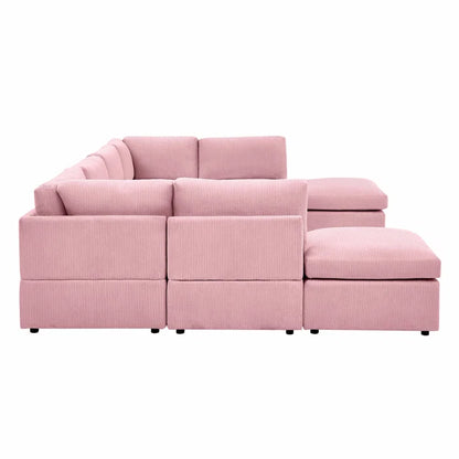 U-Shape Sectional Sofa: 8 - Piece Corduroy Sectional(Pink Corduroy)