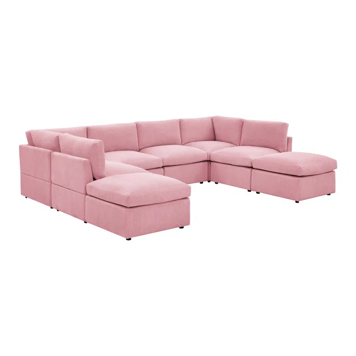 U-Shape Sectional Sofa: 8 - Piece Corduroy Sectional(Pink Corduroy)