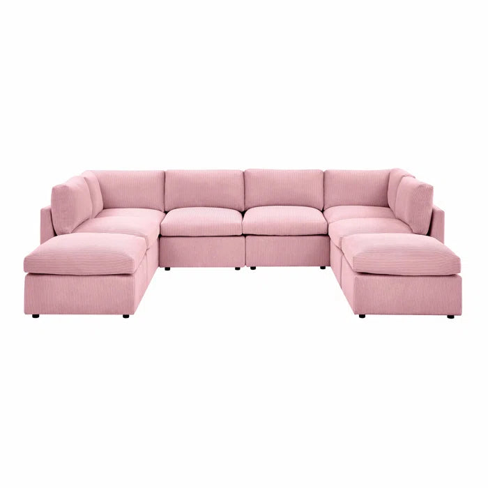 U-Shape Sectional Sofa: 8 - Piece Corduroy Sectional(Pink Corduroy)