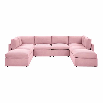 U-Shape Sectional Sofa: 8 - Piece Corduroy Sectional(Pink Corduroy)