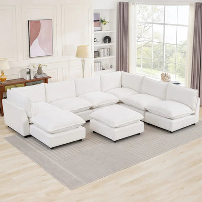 8 Seater Sofa: 138.29” W Oversized 8-Piece Sectional Composable Modular, Reversible Design Sofa(White Chenille)