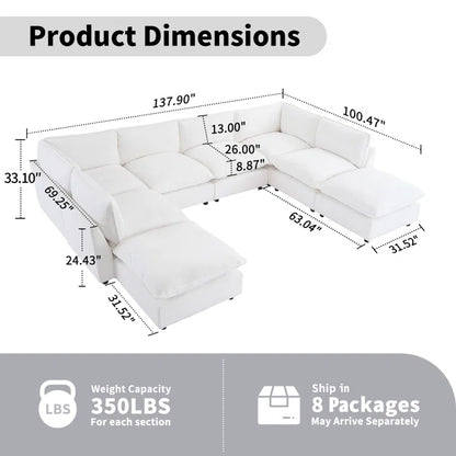 8 Seater Sofa: 138.29” W Oversized 8-Piece Sectional Composable Modular, Reversible Design Sofa(White Chenille)