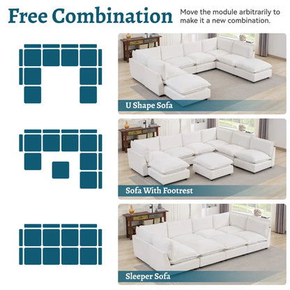 8 Seater Sofa: 138.29” W Oversized 8-Piece Sectional Composable Modular, Reversible Design Sofa(White Chenille)