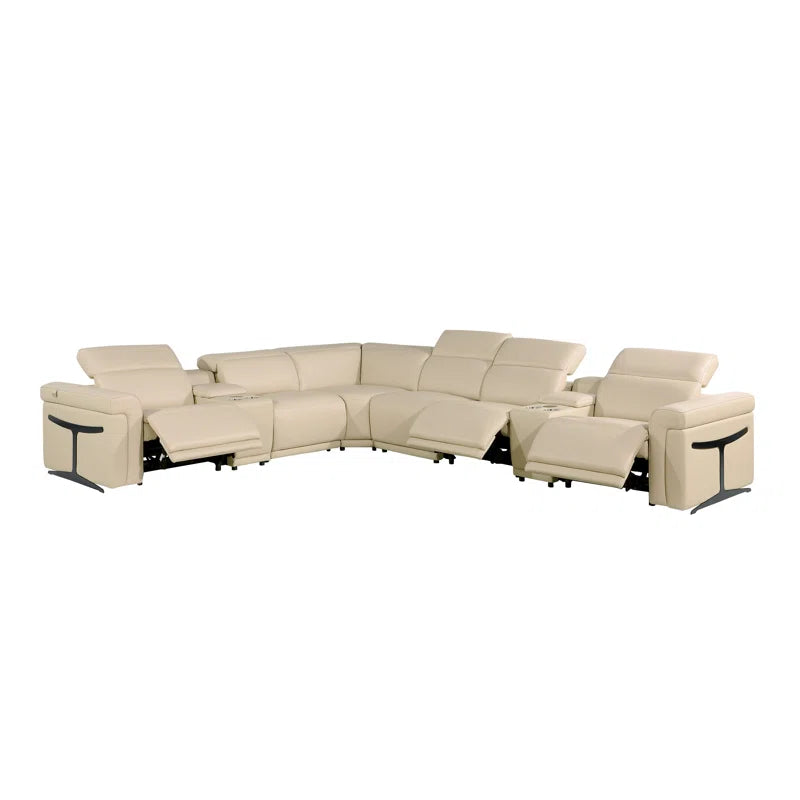 L-Shape Sectional Sofa: 8 - Piece Top Grain Italian Leather Power Reclining Sectional(Beige Genuine Leather)