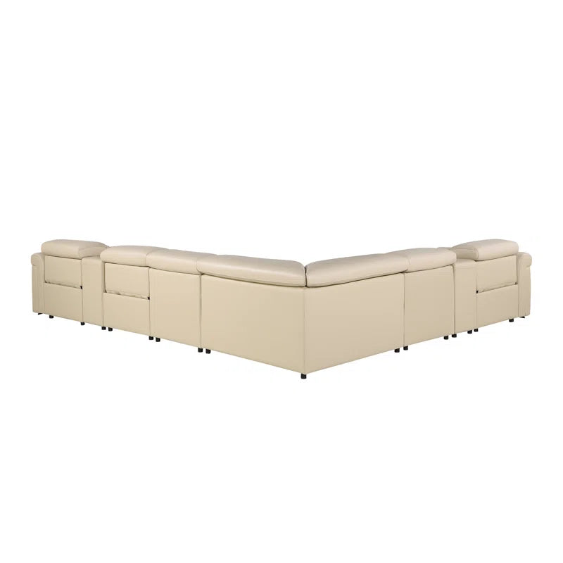 L-Shape Sectional Sofa: 8 - Piece Top Grain Italian Leather Power Reclining Sectional(Beige Genuine Leather)