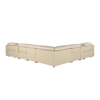 L-Shape Sectional Sofa: 8 - Piece Top Grain Italian Leather Power Reclining Sectional(Beige Genuine Leather)
