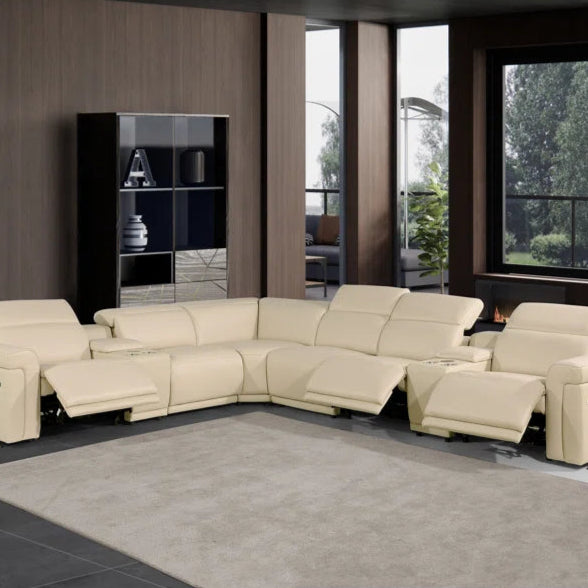 L-Shape Sectional Sofa: 8 - Piece Top Grain Italian Leather Power Reclining Sectional(Beige Genuine Leather)