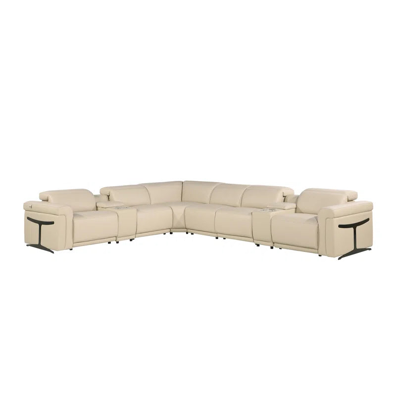 L-Shape Sectional Sofa: 8 - Piece Top Grain Italian Leather Power Reclining Sectional(Beige Genuine Leather)
