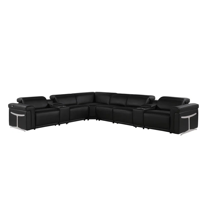 L-Shape Sectional Sofa: 8 - Piece Top Grain Italian Leather Power Reclining Sectional(Black Genuine Leather)