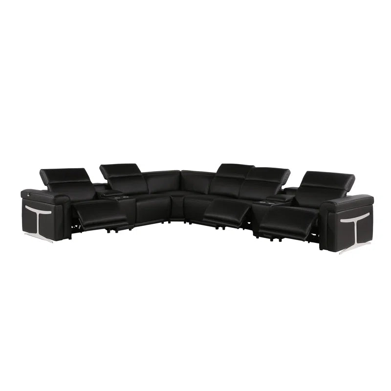 L-Shape Sectional Sofa: 8 - Piece Top Grain Italian Leather Power Reclining Sectional(Black Genuine Leather)