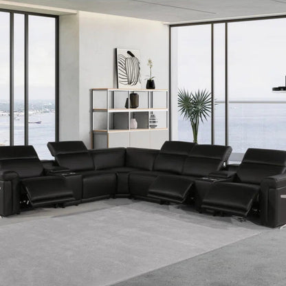 L-Shape Sectional Sofa: 8 - Piece Top Grain Italian Leather Power Reclining Sectional(Black Genuine Leather)