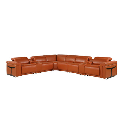 L-Shape Sectional Sofa: 8 - Piece Top Grain Italian Leather Power Reclining Sectional(Camel Genuine Leather)