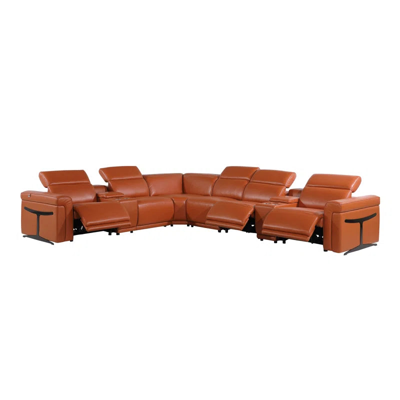 L-Shape Sectional Sofa: 8 - Piece Top Grain Italian Leather Power Reclining Sectional(Camel Genuine Leather)