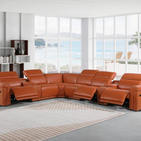 L-Shape Sectional Sofa: 8 - Piece Top Grain Italian Leather Power Reclining Sectional(Camel Genuine Leather)